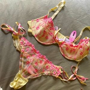 NWT Pink and yellow embroidered lingerie set